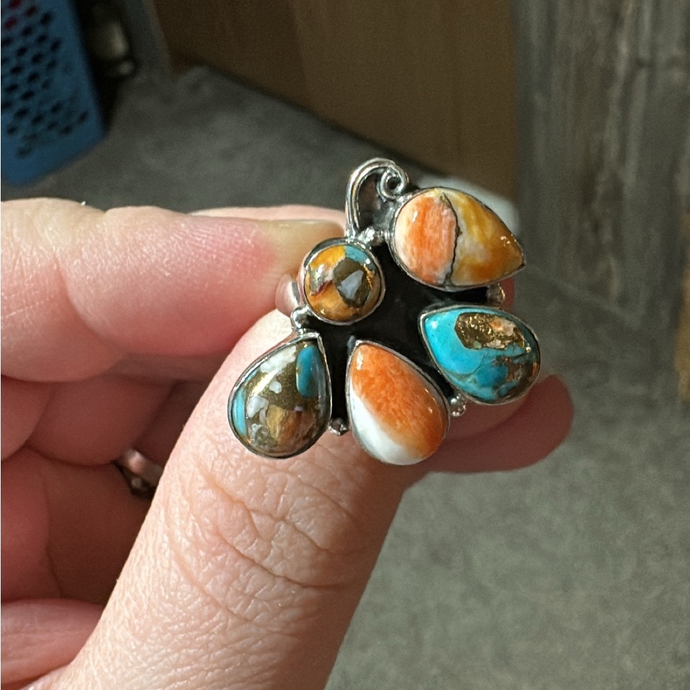 Orange Turquoise Sterling Silver Cluster Ring - Orange & Turquoise